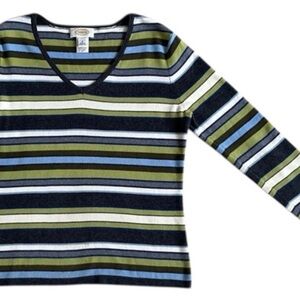 Y2k Striped V-Neck Long Sleeve Pullover Cotton Top Small Green Grey Knit